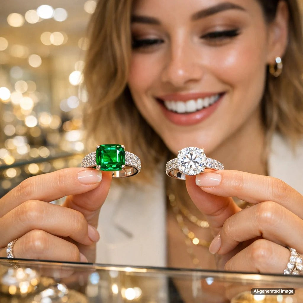 A stunning comparison of a brilliant cut diamond and a deep green emerald set in fine jewelry