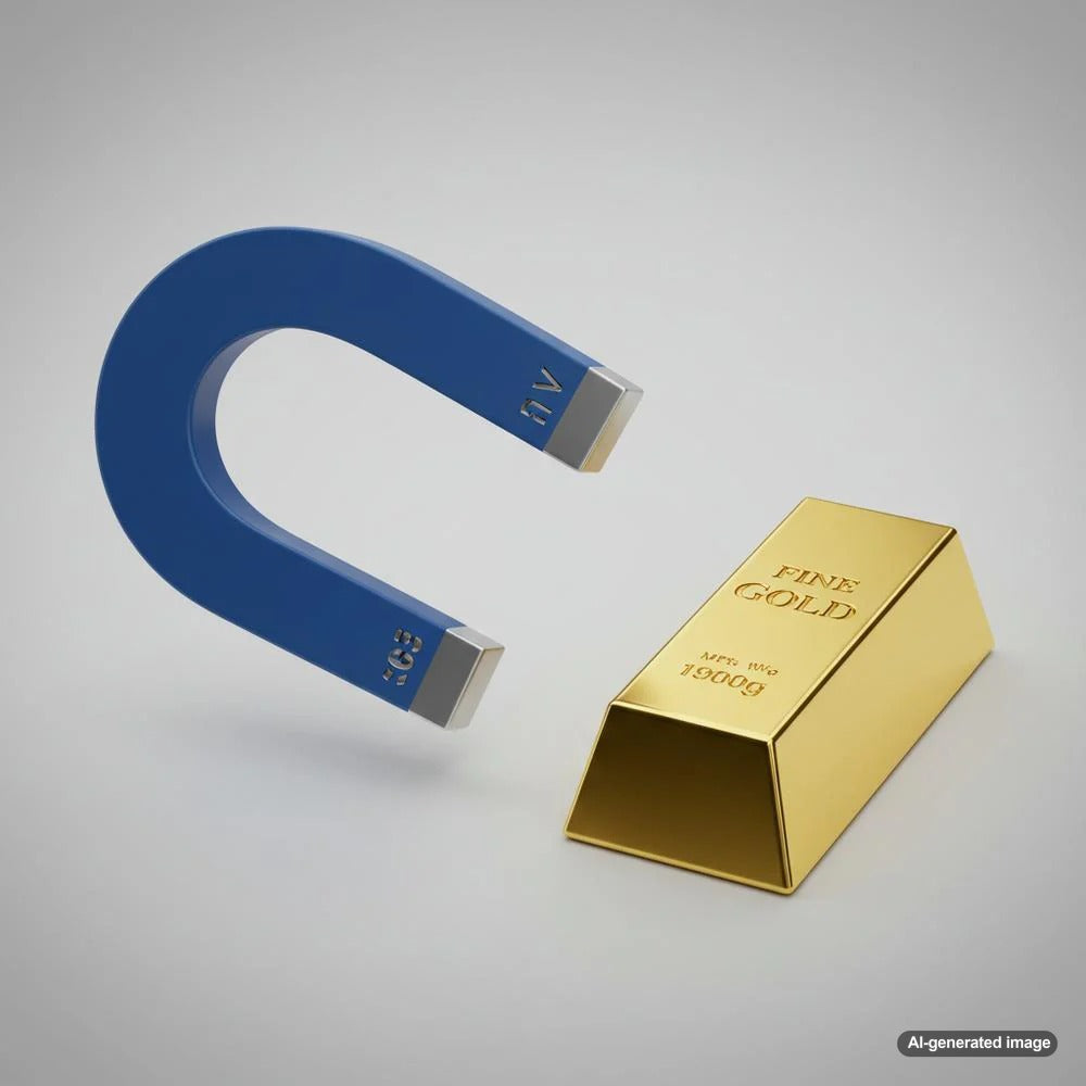 Close-up of a gold necklace next to a magnet, illustrating the concept of gold's magnetic properties.