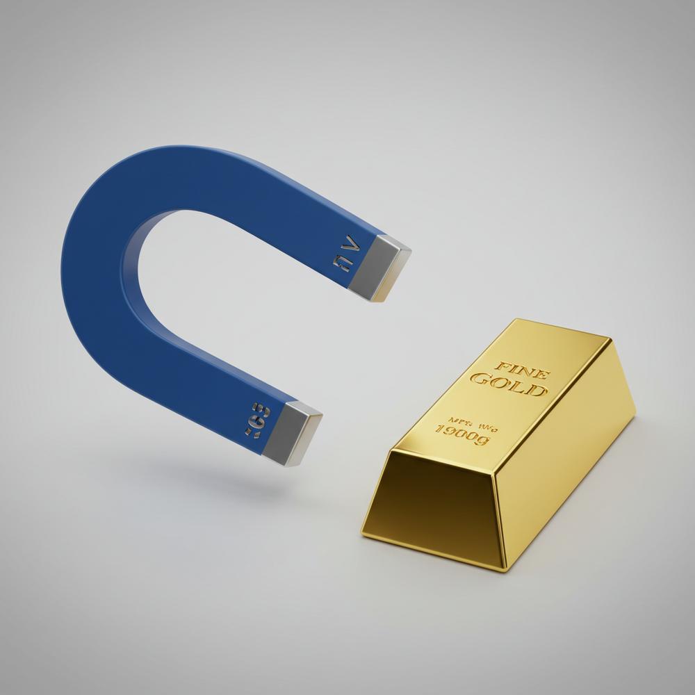 Close-up of a gold necklace next to a magnet, illustrating the concept of gold's magnetic properties.