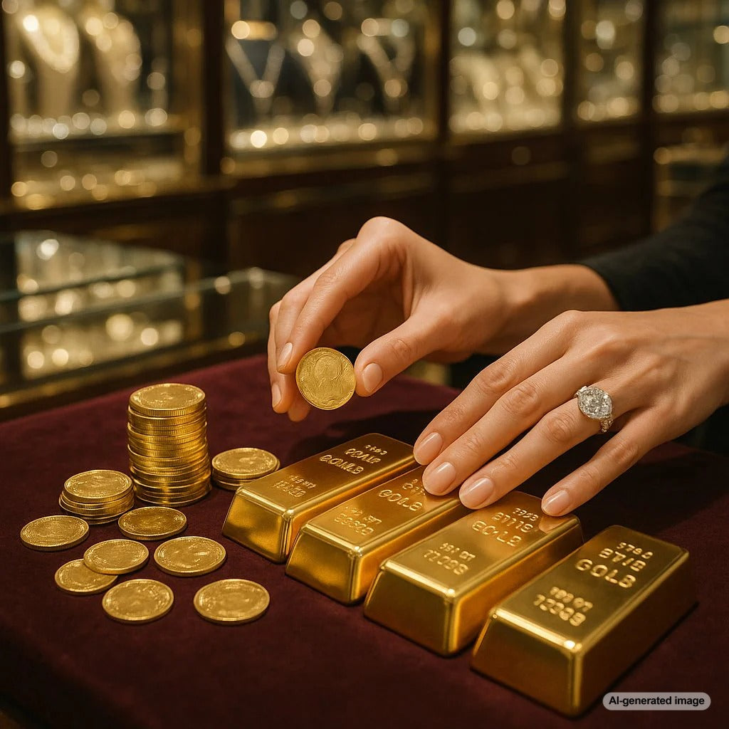 Comparison of gleaming gold coins and gold bars on a dark background