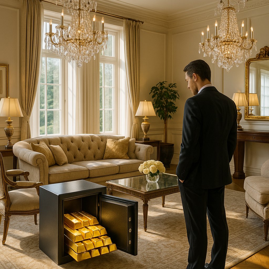 Stack of gleaming gold bars with luxury jewelry displayed alongside at Robinson's Jewelers