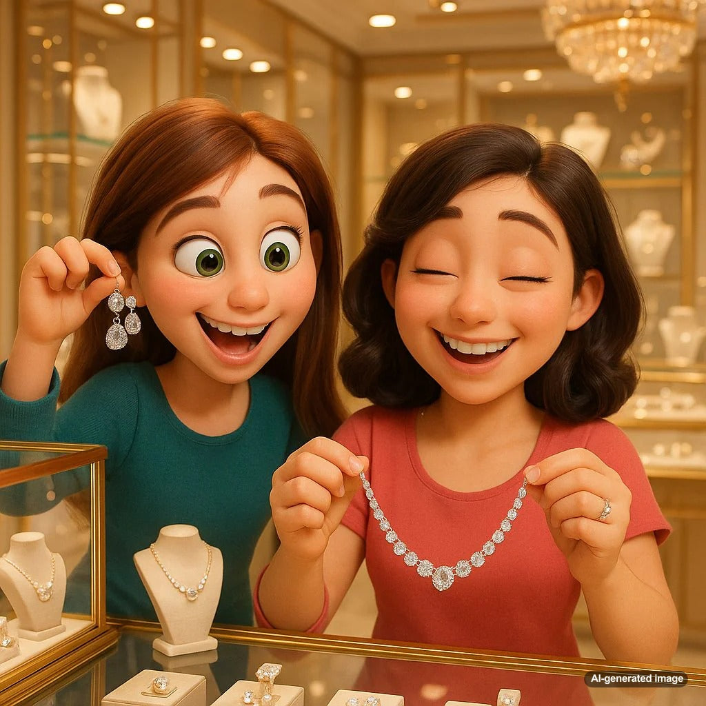 Two friends laughing while admiring jewelry together in a warm, friendly setting