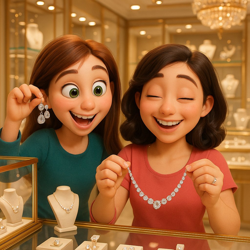 Two friends laughing while admiring jewelry together in a warm, friendly setting