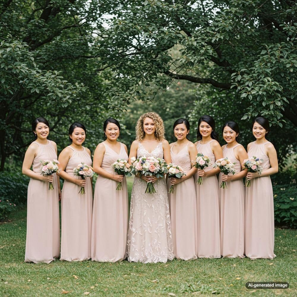 Maid of honor and bridesmaids wearing elegant jewelry at a wedding