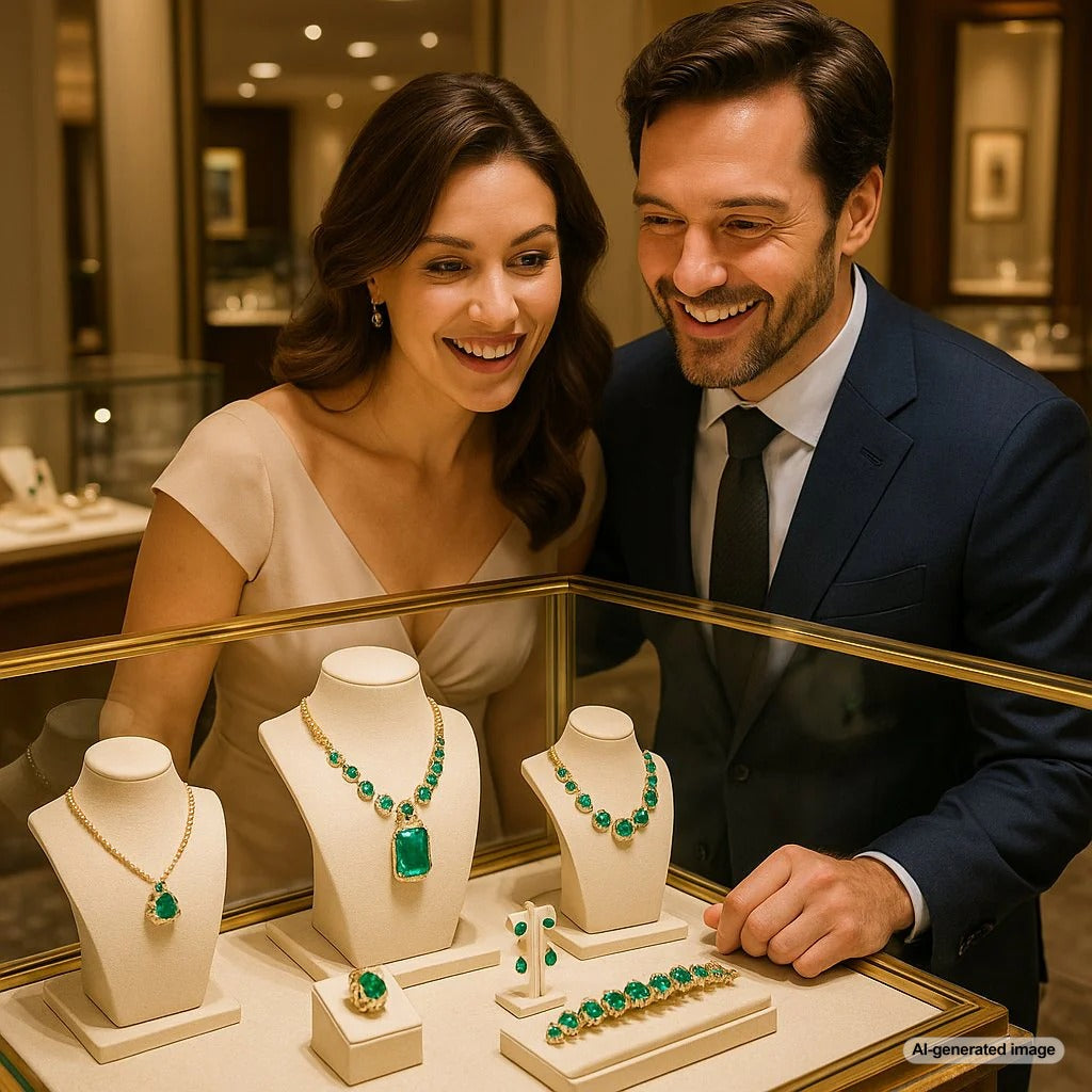 A stunning array of emerald jewelry rings and loose stones showcasing a spectrum of green colors from deep Muzo green to bluish and yellowish hues