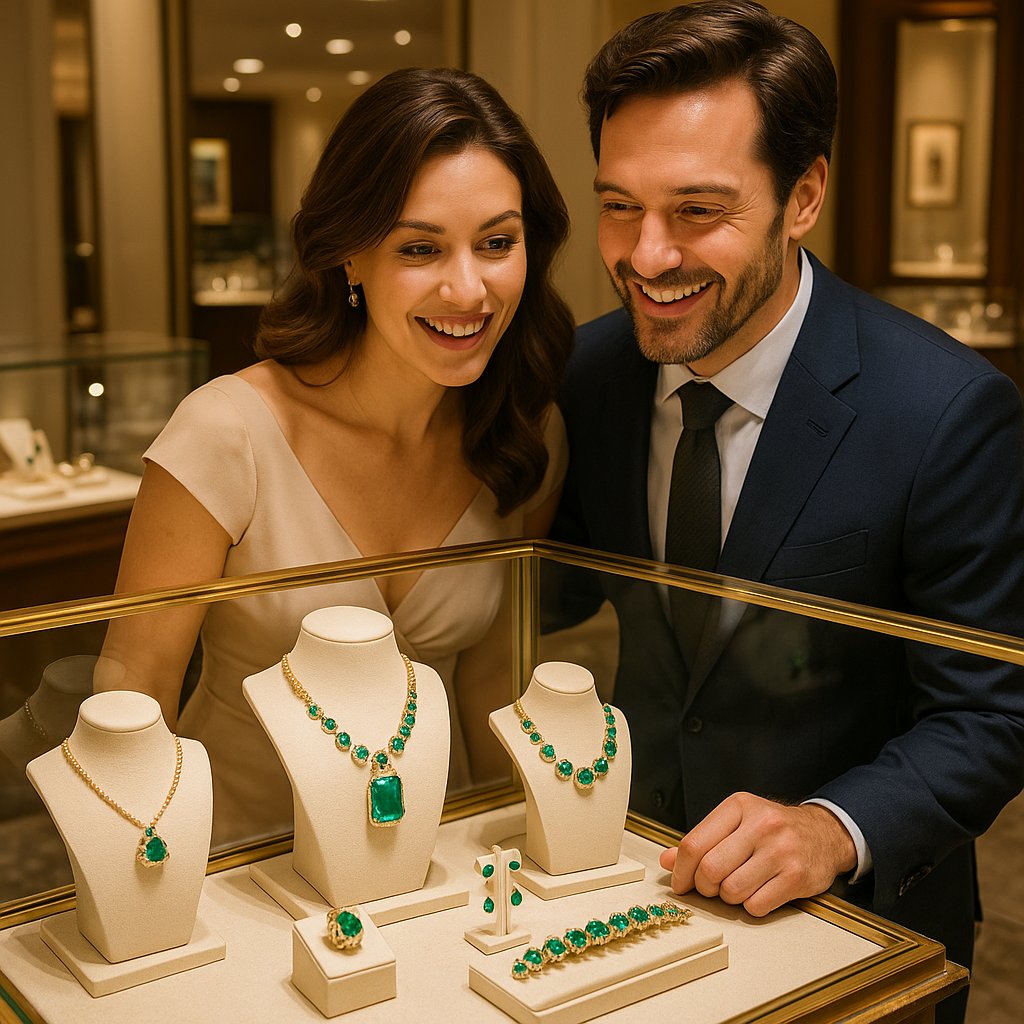 A stunning array of emerald jewelry rings and loose stones showcasing a spectrum of green colors from deep Muzo green to bluish and yellowish hues
