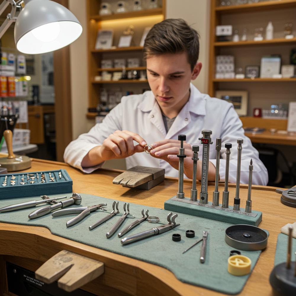 A jeweler measuring a ring size on a ring mandrel with precision tools in the background