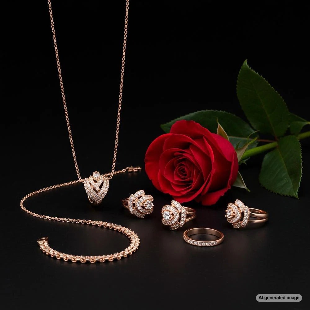 A stunning collection of rose gold jewelry, including rings, bracelets, and pendants, showcasing the warm and romantic hue of rose gold.