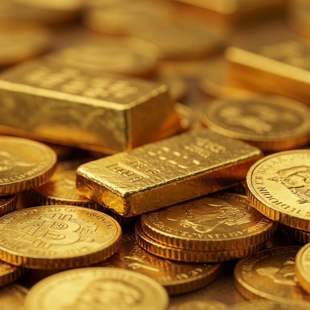 Gold jewelry and bars with a market trend graph