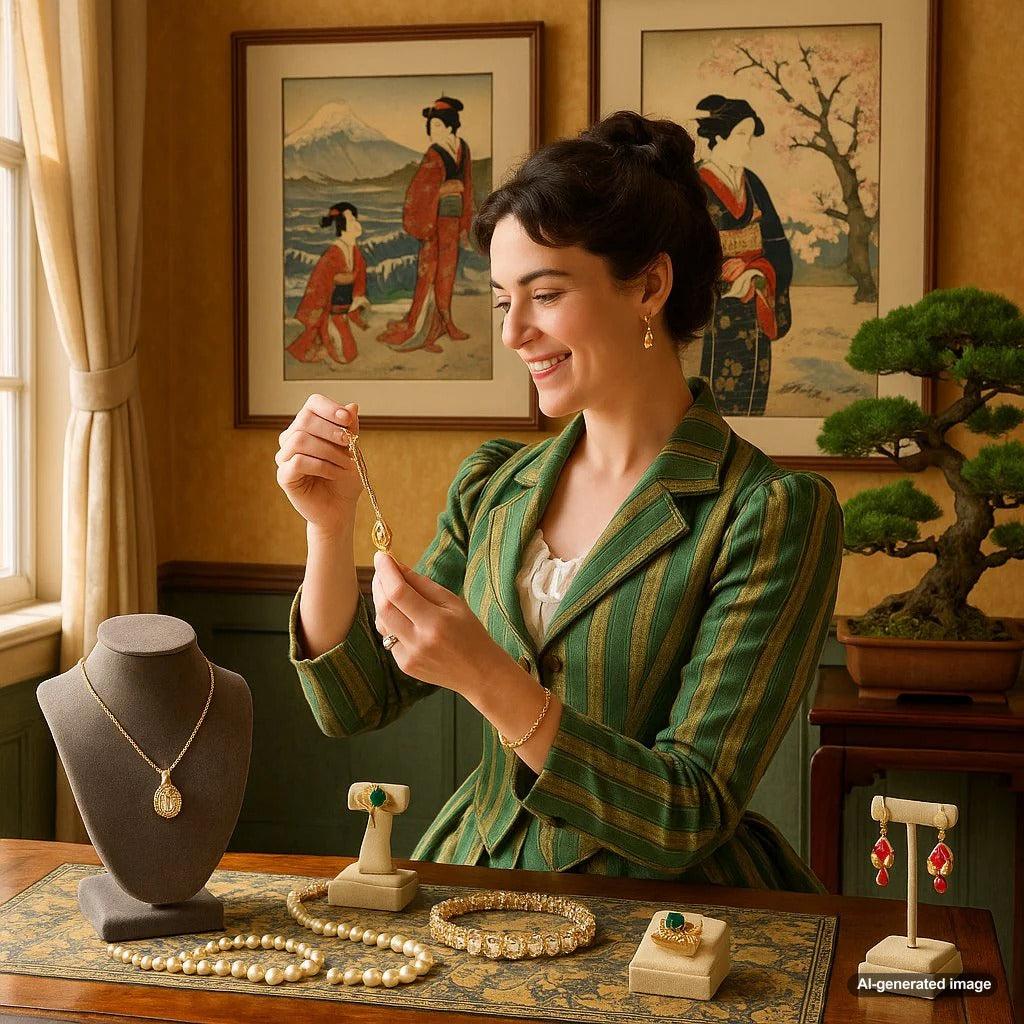 A blend of Japanese woodblock print aesthetics with modern jewelry design, showcasing asymmetry and natural motifs