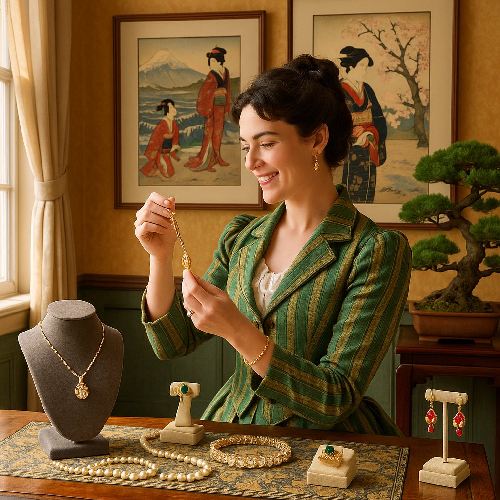 A blend of Japanese woodblock print aesthetics with modern jewelry design, showcasing asymmetry and natural motifs