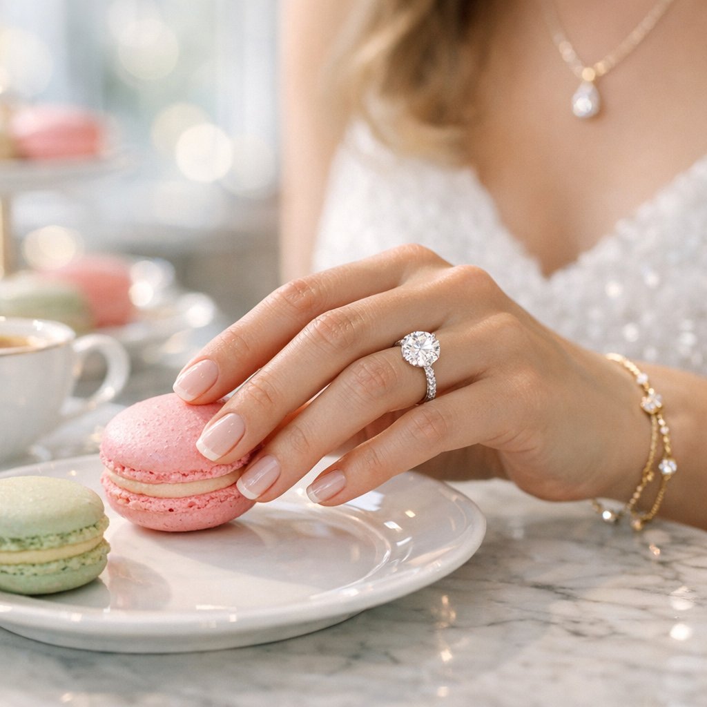 A stunning diamond ring from Robinson's Jewelers placed next to a delicate pink macaron, showcasing a perfect pairing of sweet treats and fine jewelry.