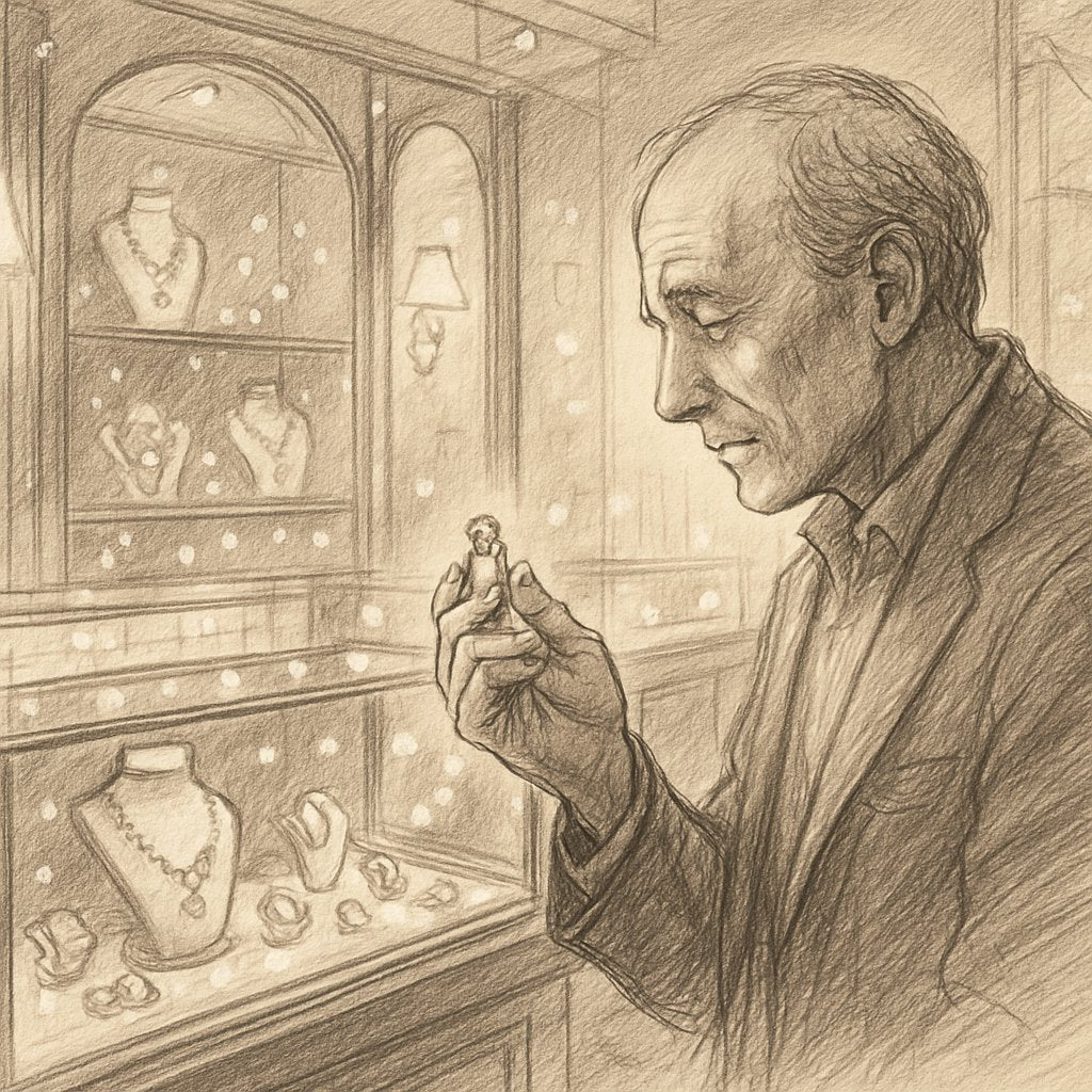 Close-up of hands holding vintage jewelry with sunlight creating emotional glow around sentimental pieces