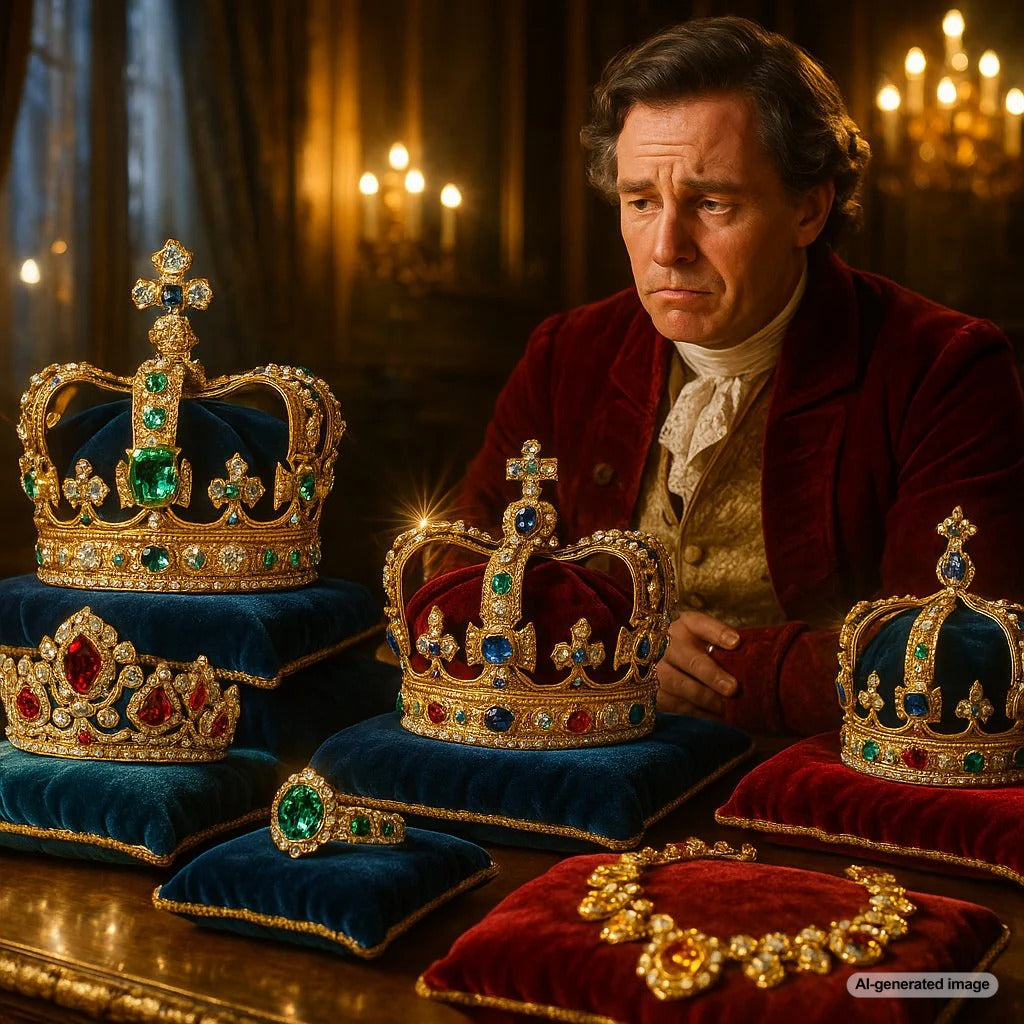 Collection of exquisite crown jewels including tiaras, necklaces, and gemstones on velvet display