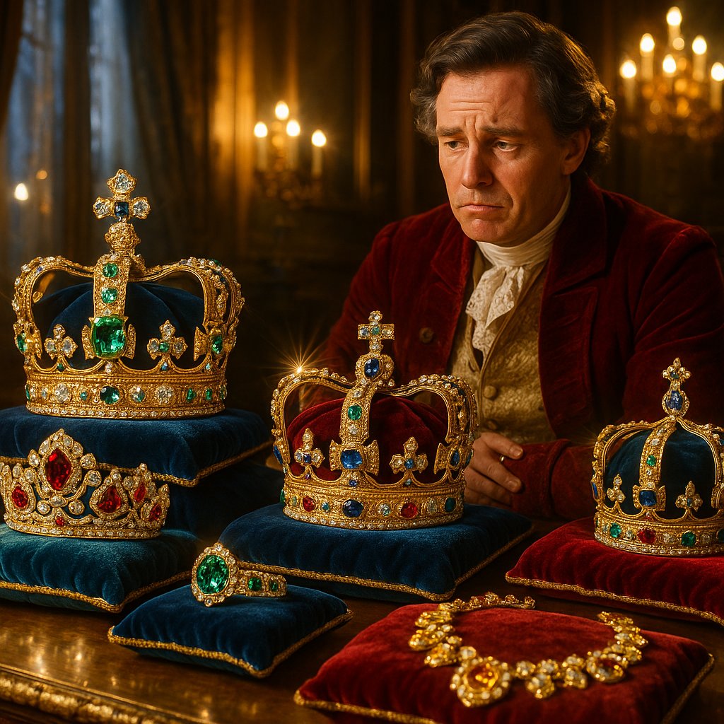 Collection of exquisite crown jewels including tiaras, necklaces, and gemstones on velvet display