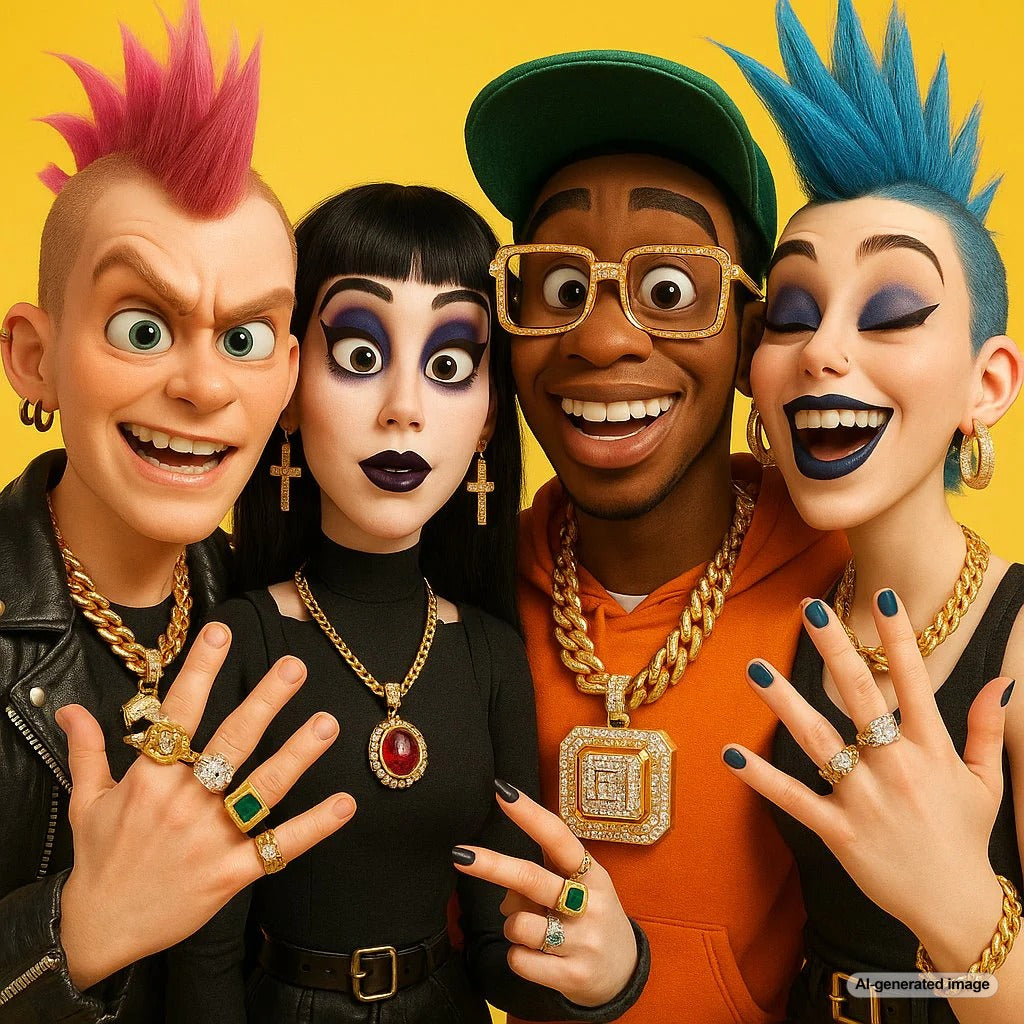 A dynamic collage showing punk safety pin earrings, a gothic black crystal choker, and a heavyweight hip-hop inspired Cuban link chain necklace on a dark textured background.