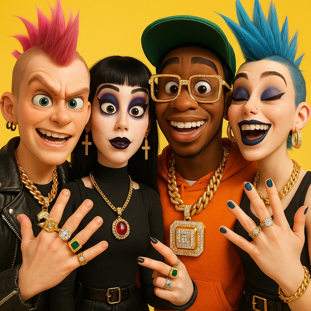 A dynamic collage showing punk safety pin earrings, a gothic black crystal choker, and a heavyweight hip-hop inspired Cuban link chain necklace on a dark textured background.