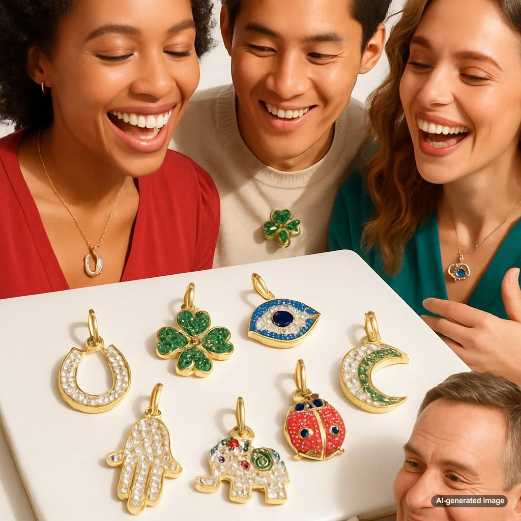 Assortment of symbolic lucky charm jewelry from around the world including evil eye, hamsa, and elephant pendants