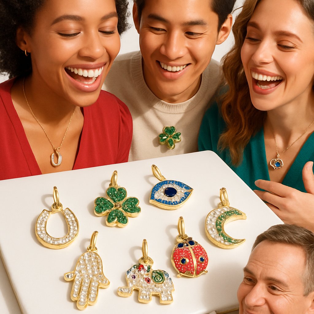 Assortment of symbolic lucky charm jewelry from around the world including evil eye, hamsa, and elephant pendants