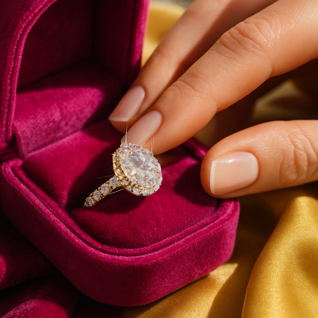 Close up of a woman's hand wearing multiple elegant rings showcasing different textures and metals