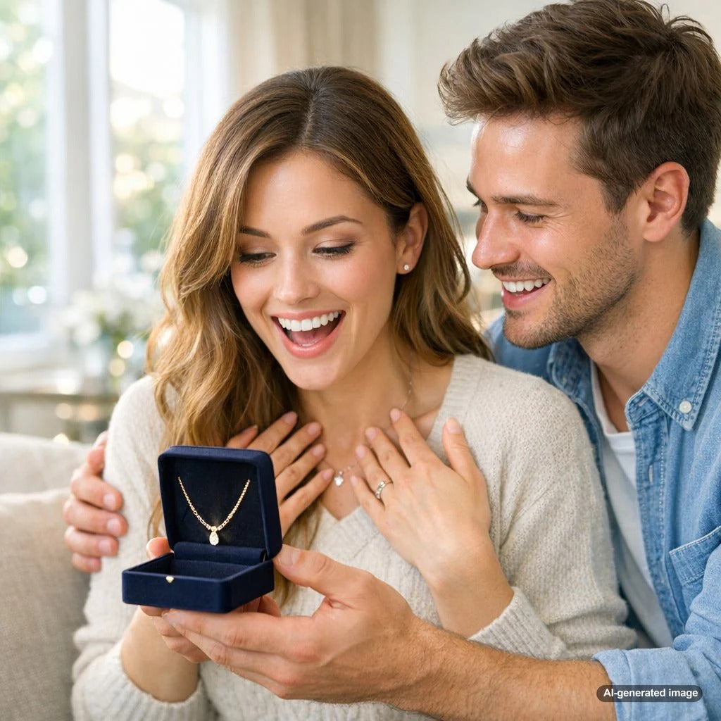 A delicate gold key pendant and a sparkling initial necklace arranged on a luxurious marble surface, symbolizing jewelry as the perfect housewarming gift to make a new house feel like home.