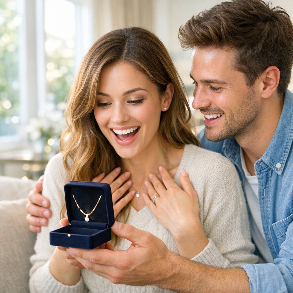 A delicate gold key pendant and a sparkling initial necklace arranged on a luxurious marble surface, symbolizing jewelry as the perfect housewarming gift to make a new house feel like home.