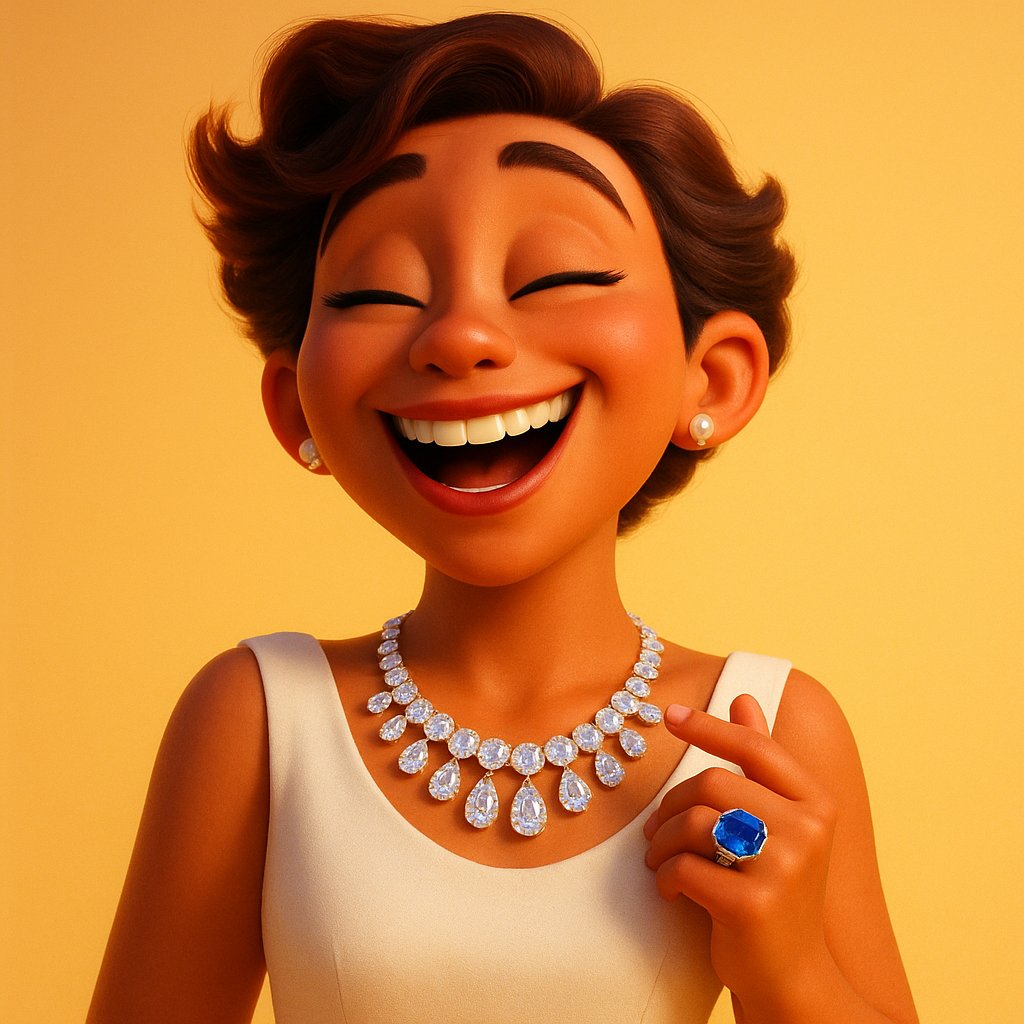 A woman wearing a simple black outfit transformed by a single, large and bold emerald and diamond statement necklace