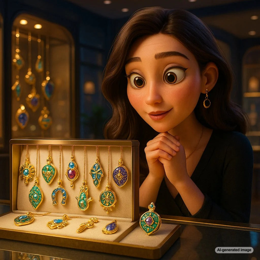 A modern collection of talisman and charm jewelry including evil eye bracelets, gemstone rings, and symbolic pendants arranged elegantly