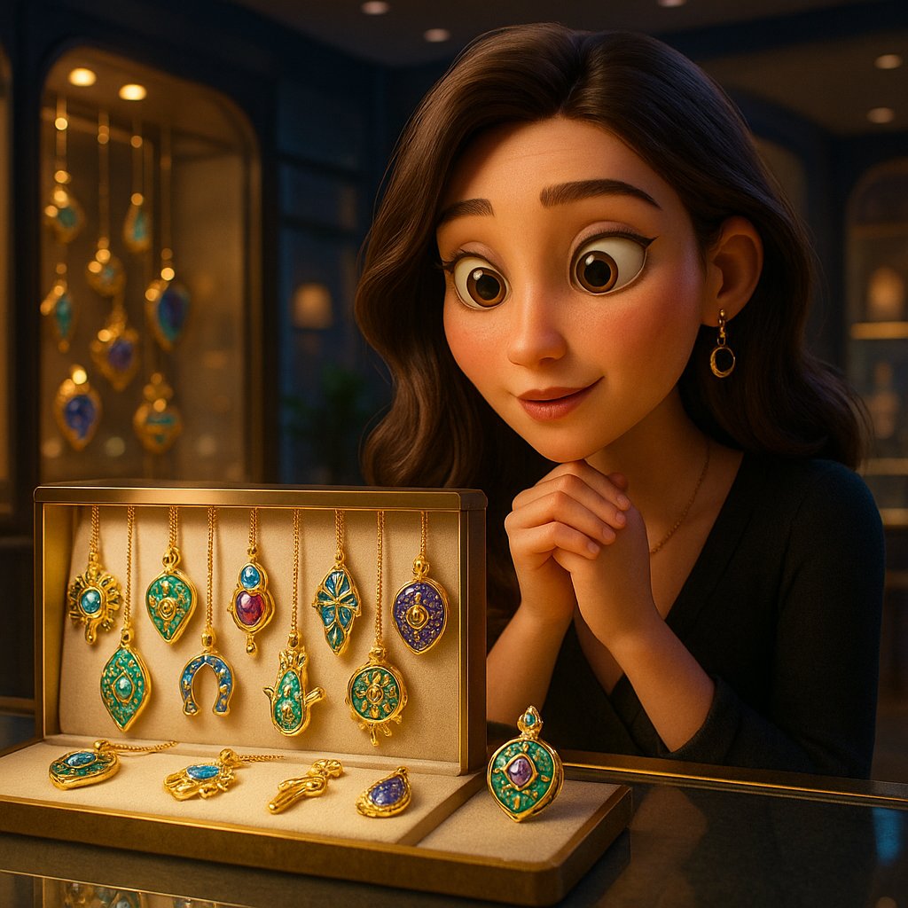 A modern collection of talisman and charm jewelry including evil eye bracelets, gemstone rings, and symbolic pendants arranged elegantly