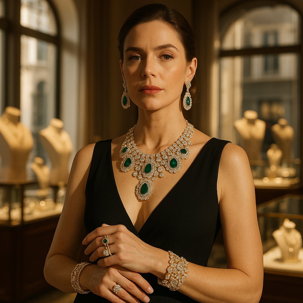 Close-up of layered symbolic jewelry including evil eye bracelets, lion pendants, and initial rings serving as emotional armor