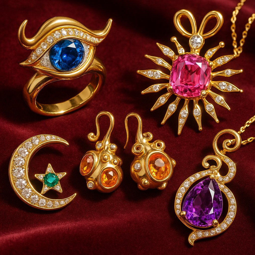 AI designed jewelry featuring futuristic ring and necklace designs with geometric patterns