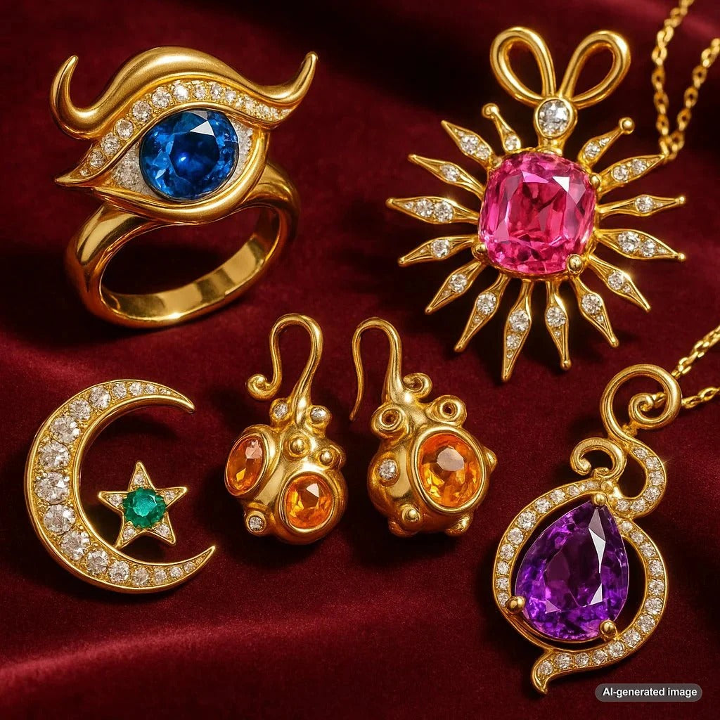 AI designed jewelry featuring futuristic ring and necklace designs with geometric patterns