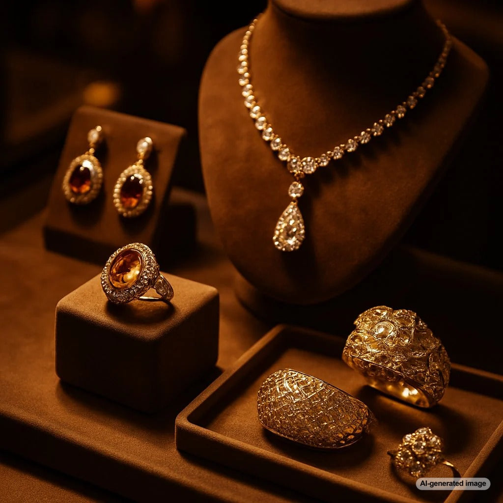 Close-up of a brilliant diamond ring catching light with neuroscience-inspired jewelry designs in the background