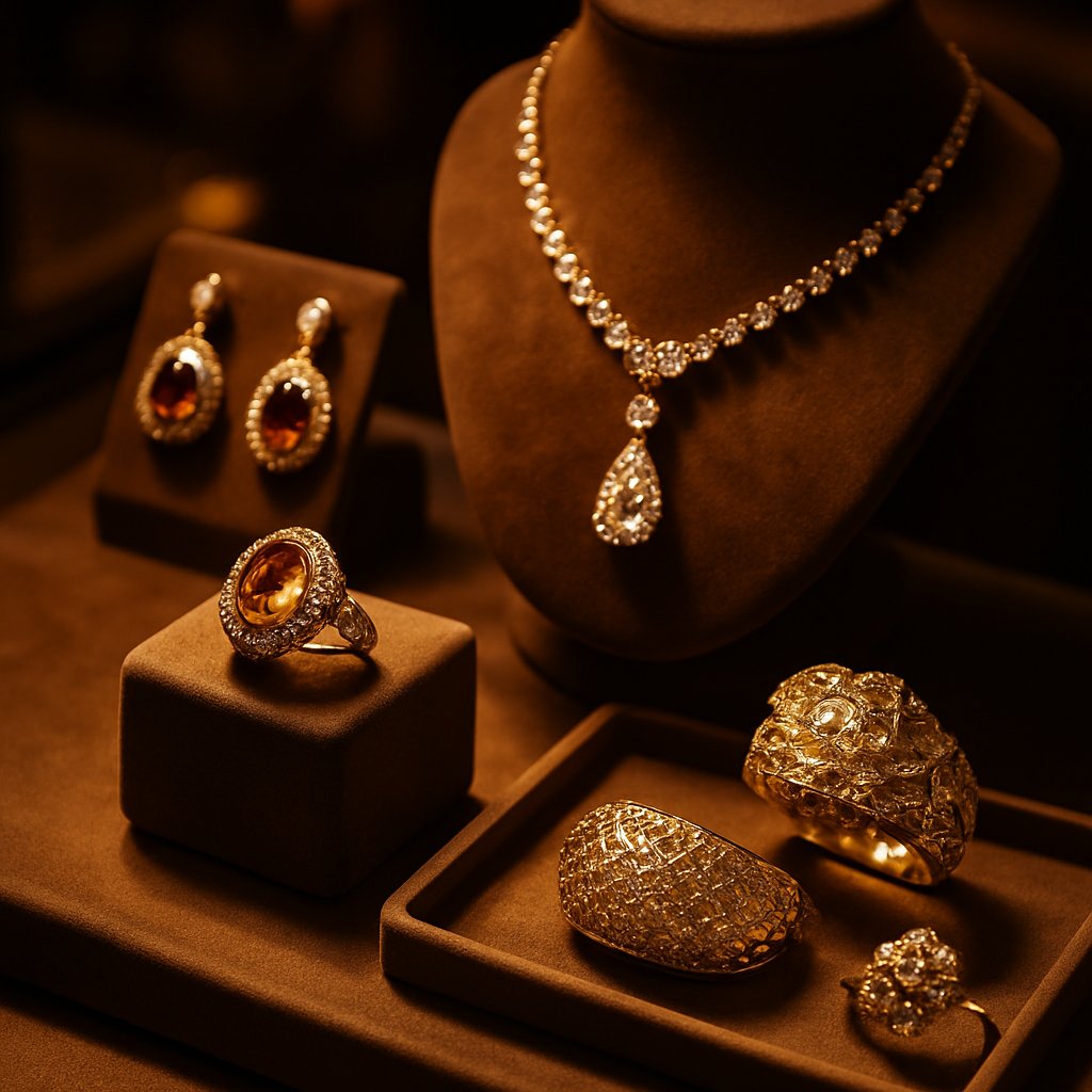 Close-up of a brilliant diamond ring catching light with neuroscience-inspired jewelry designs in the background