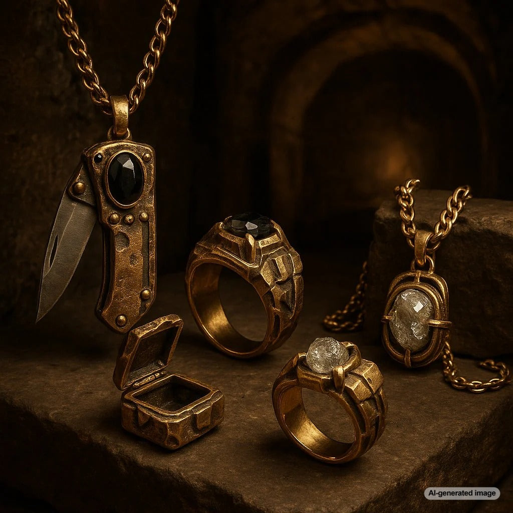 Apocalypse-proof jewelry collection featuring durable bracelets, necklaces, and rings designed for survival and style.
