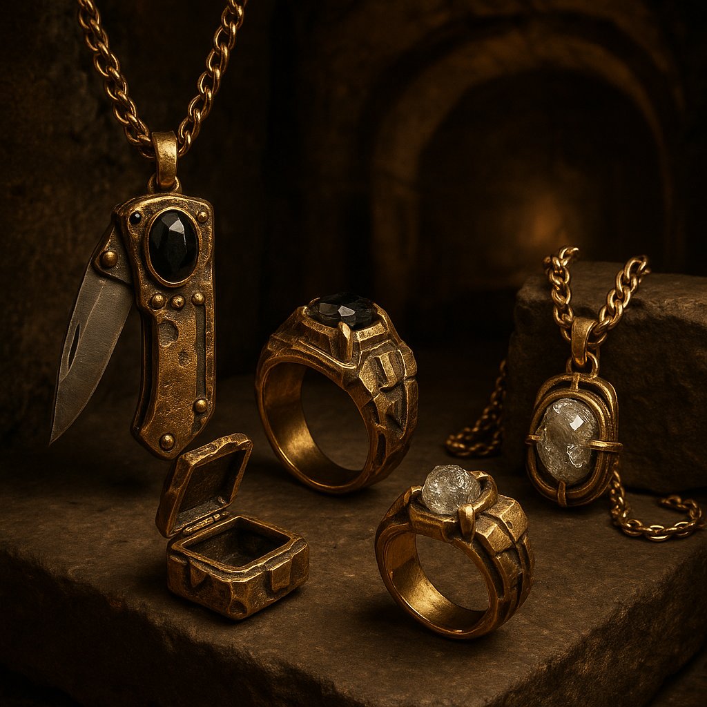 Apocalypse-proof jewelry collection featuring durable bracelets, necklaces, and rings designed for survival and style.
