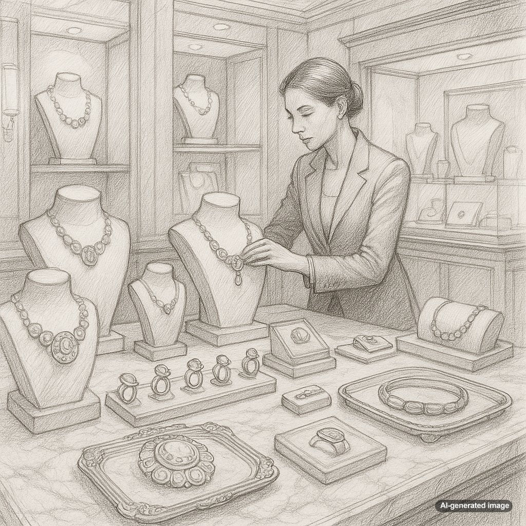 Elegant jewelry display with necklaces and rings arranged on a mirrored tray alongside decorative objects