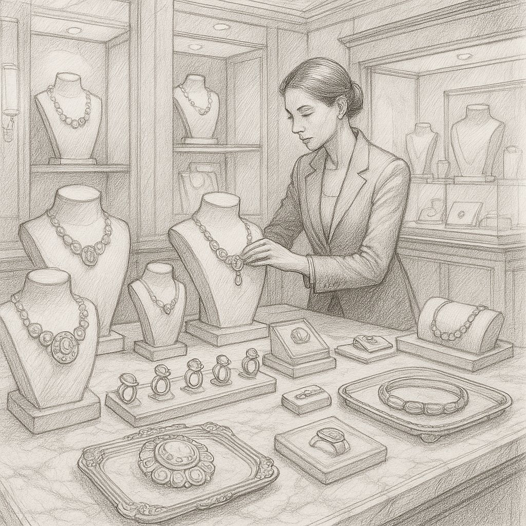 Elegant jewelry display with necklaces and rings arranged on a mirrored tray alongside decorative objects