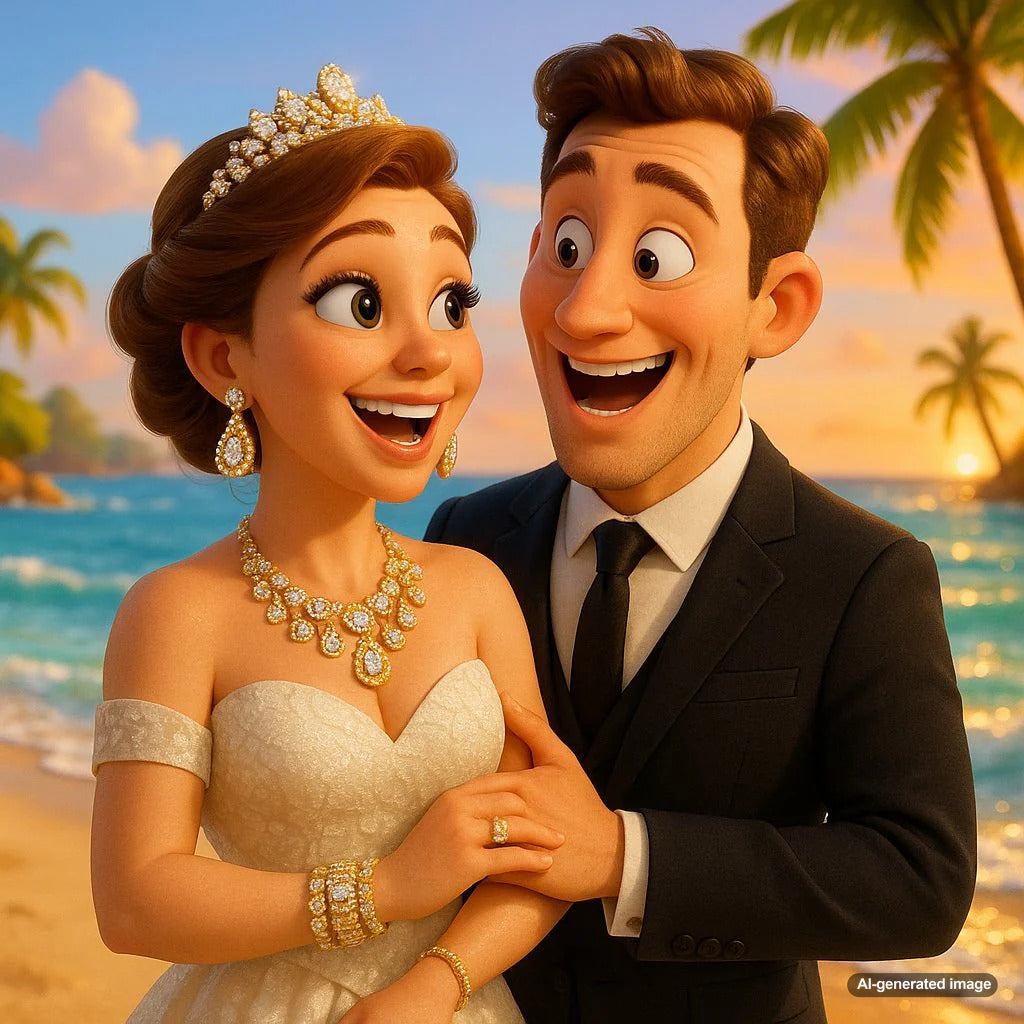 Elegant destination wedding jewelry on a beach, featuring aquamarine and diamond pieces that complement a tropical setting