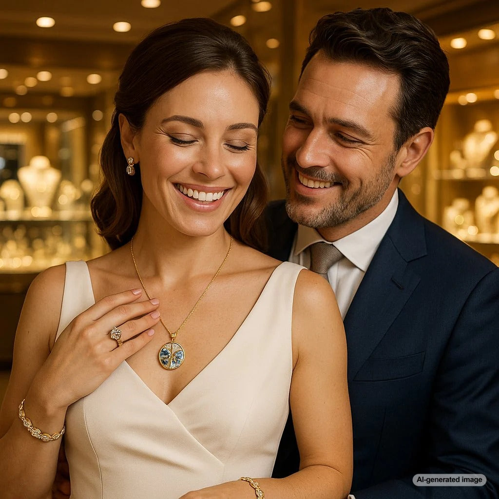 Elegant diamond eternity band and pendant symbolizing love and new beginnings for a second marriage