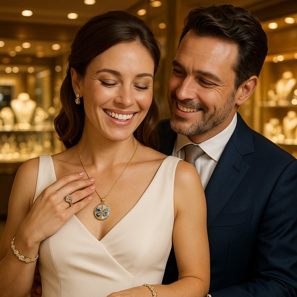 Elegant diamond eternity band and pendant symbolizing love and new beginnings for a second marriage