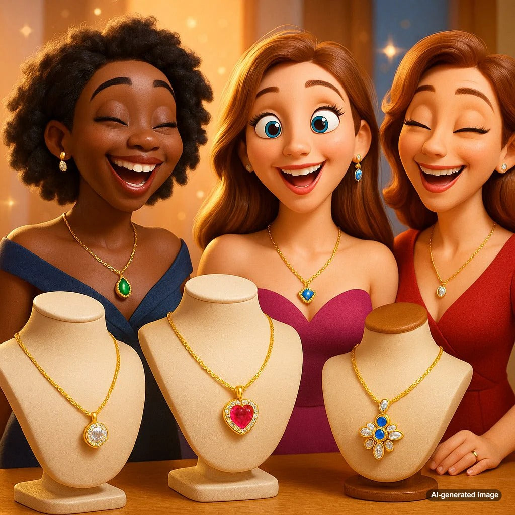 Stylish woman wearing different necklines with perfectly paired necklaces from Robinson's Jewelers