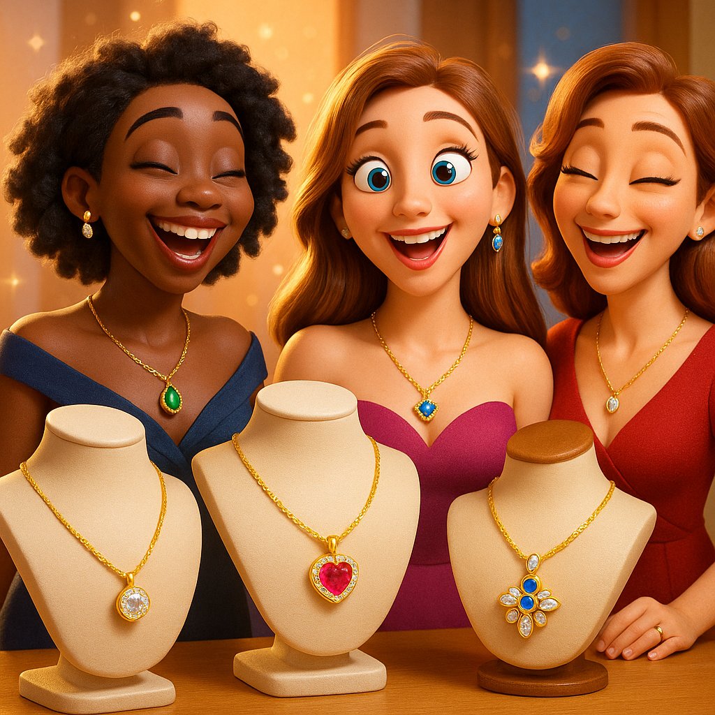 Stylish woman wearing different necklines with perfectly paired necklaces from Robinson's Jewelers