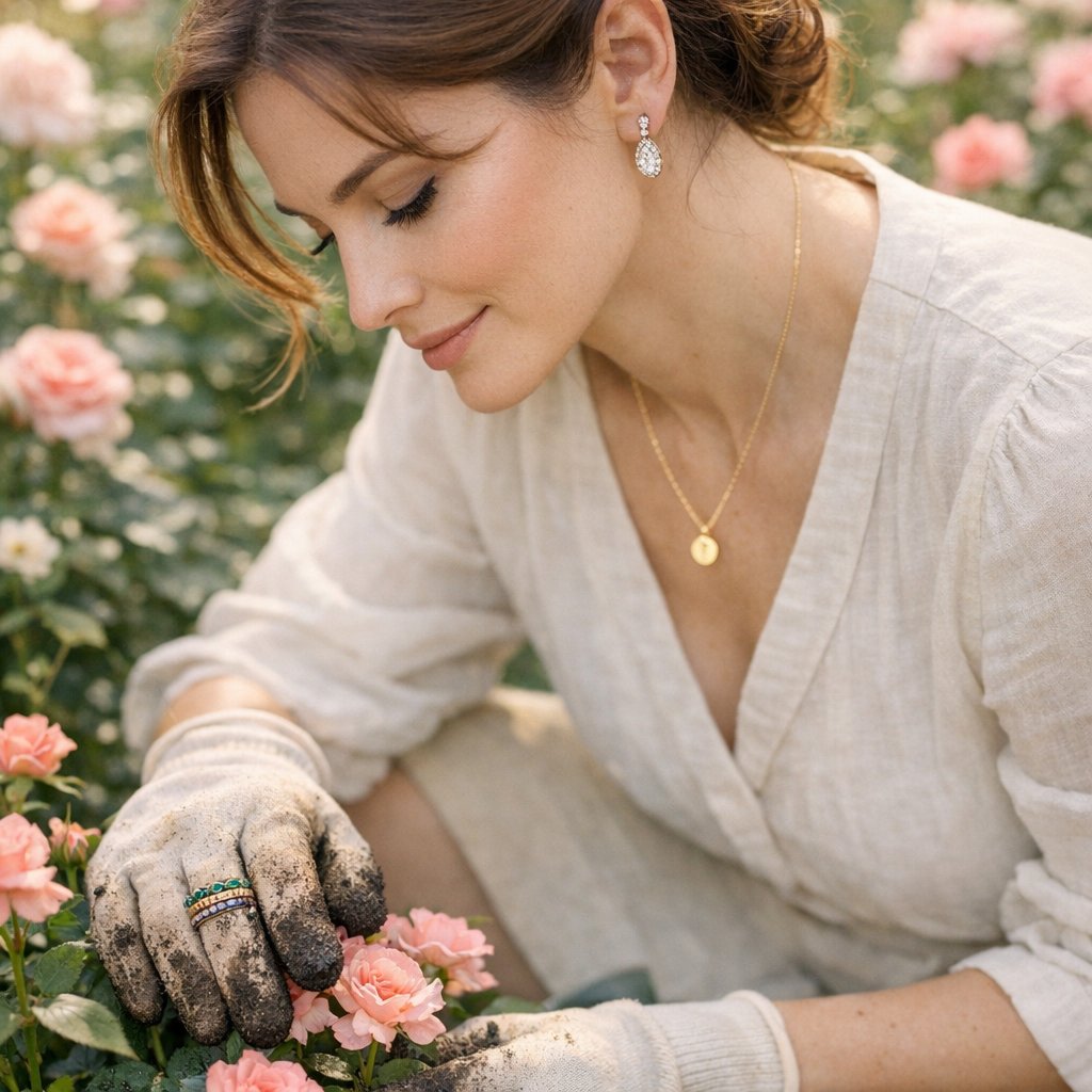 A gardener's hands wearing durable platinum and diamond rings while holding fresh soil and a vibrant green plant