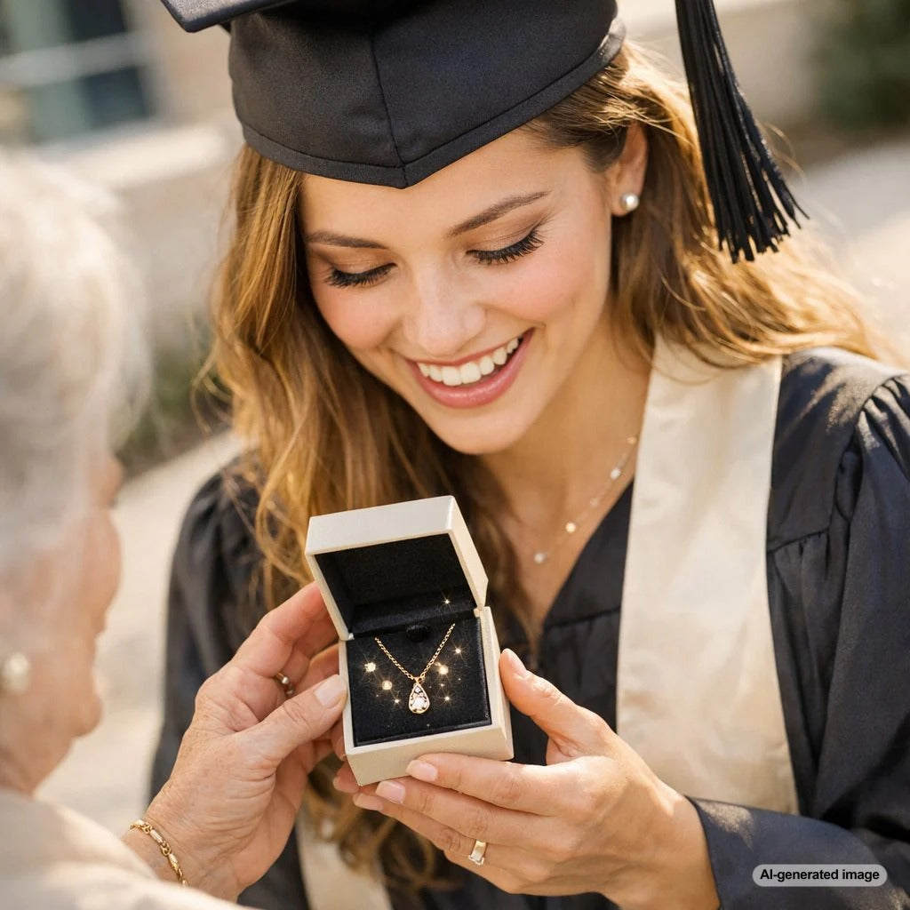 Beautiful graduation gift jewelry under $500 including diamond studs, a pearl pendant, and dainty bracelets displayed elegantly.