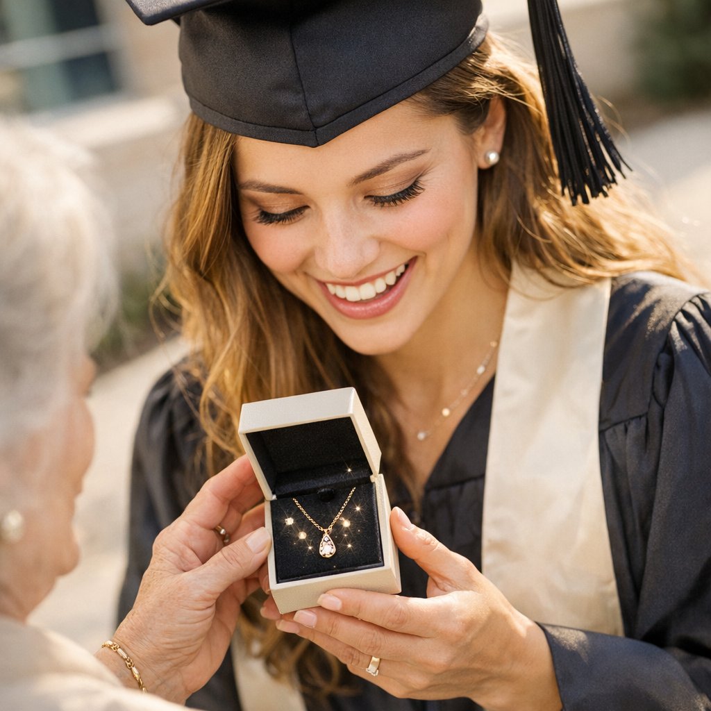 Beautiful graduation gift jewelry under $500 including diamond studs, a pearl pendant, and dainty bracelets displayed elegantly.