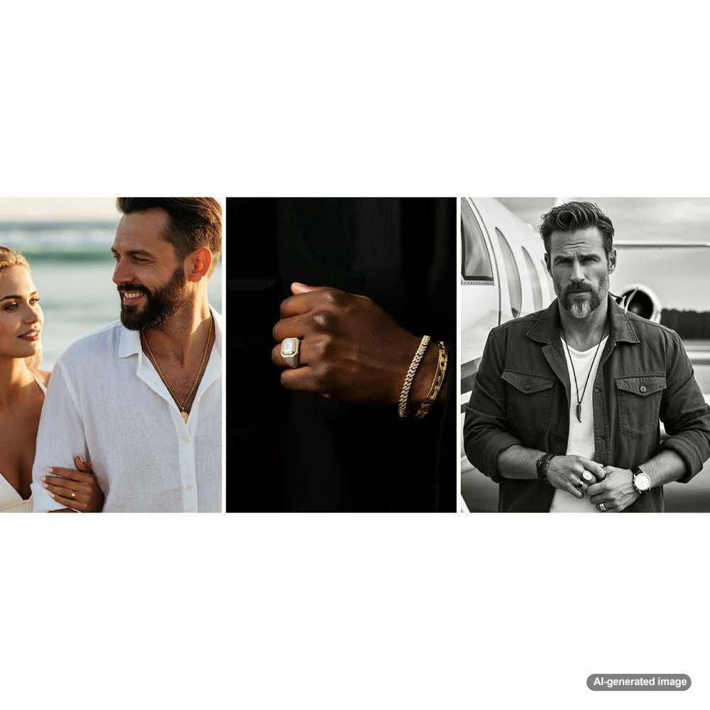Stylish men's jewelry collection featuring rings, bracelets and necklaces displayed at Robinson's Jewelers