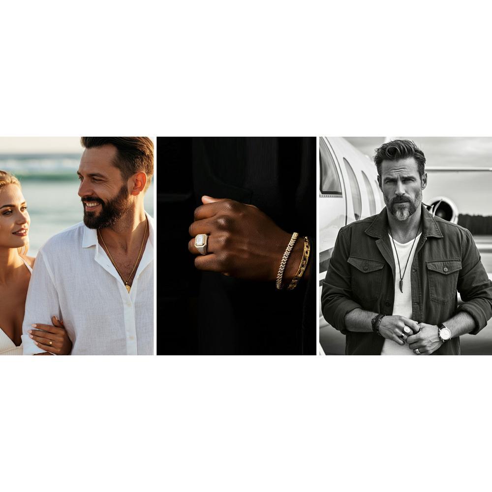 Stylish men's jewelry collection featuring rings, bracelets and necklaces displayed at Robinson's Jewelers