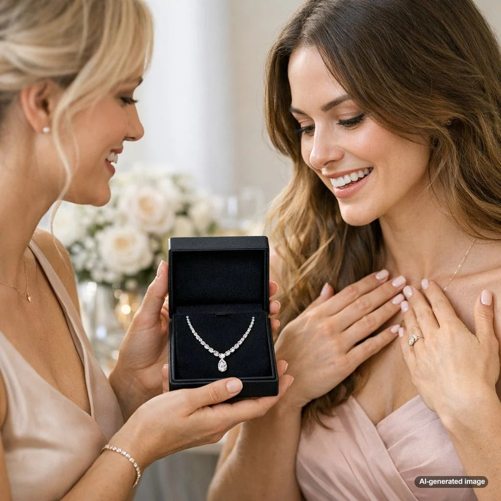 An elegant display of bridesmaid jewelry including pearl necklaces, diamond tennis bracelets, and gold hoop earrings from Robinson's Jewelers bridal collection.