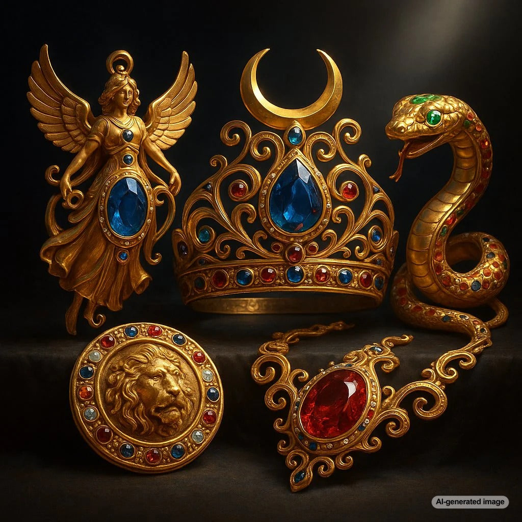 Mythological-inspired jewelry featuring serpent motifs, celestial designs, and ancient symbols